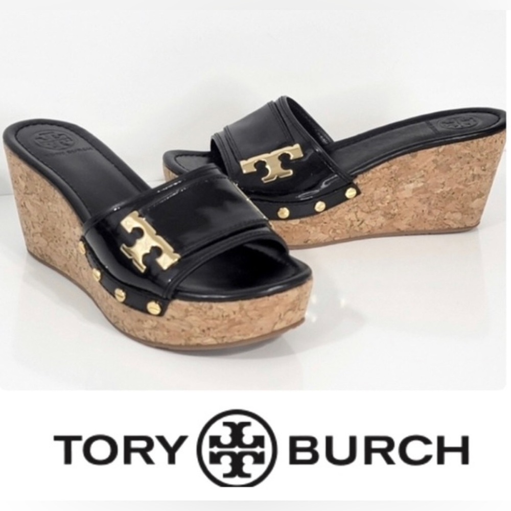 Tory Burch Pamela cork wedge black patent leather and gold sandals-NEW